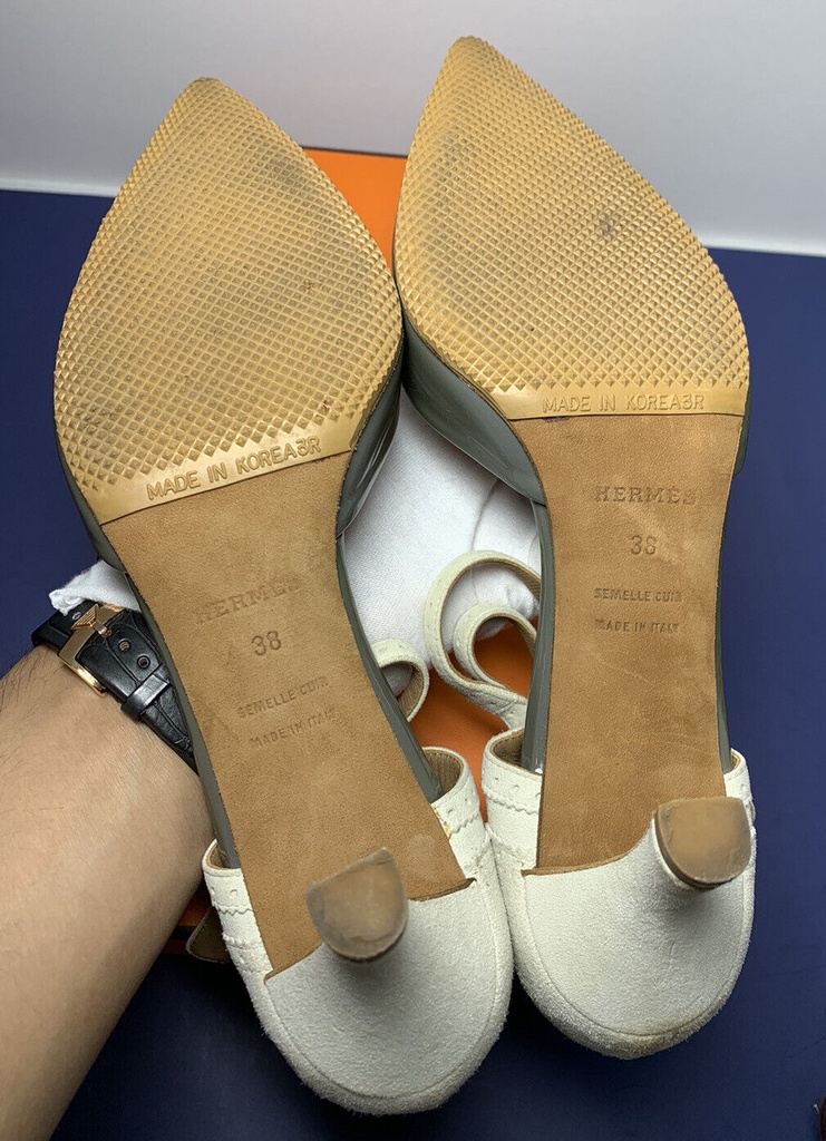 HERMES Semelle Cuir Ankle Strap Heels Shoes Size 38 #1