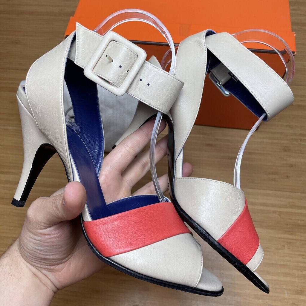 HERMES Semelle Cuir Slingback Loop Heels Shoes Beige Coral Size 37 1/2 #1