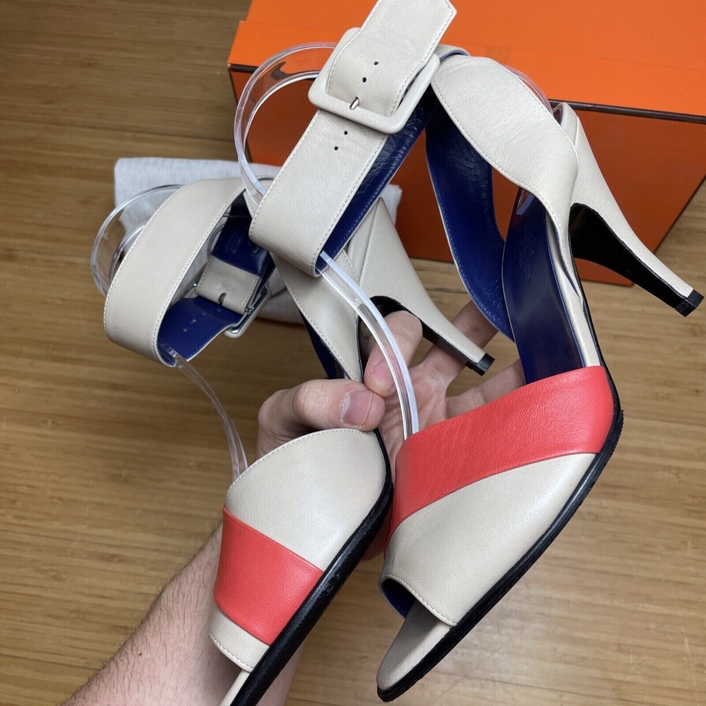 HERMES Semelle Cuir Slingback Loop Heels Shoes Beige Coral Size 37 1/2 #1
