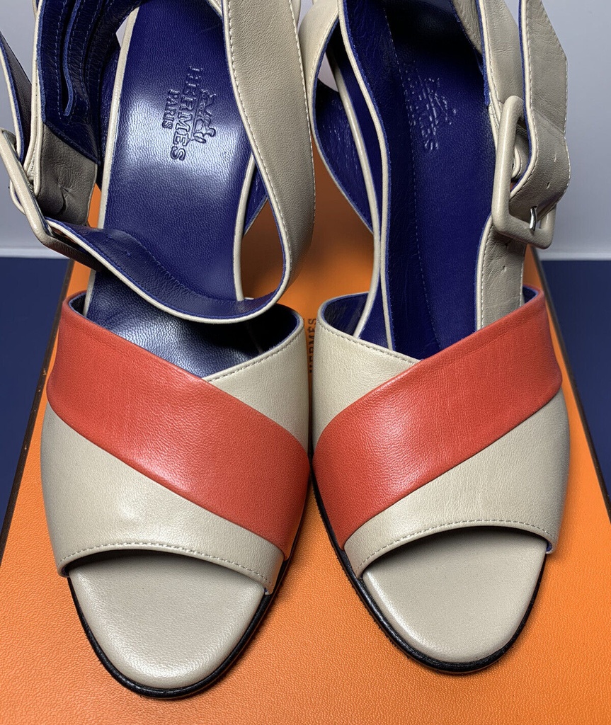 HERMES Semelle Cuir Slingback Loop Heels Shoes Beige Coral Size 37 1/2 #3