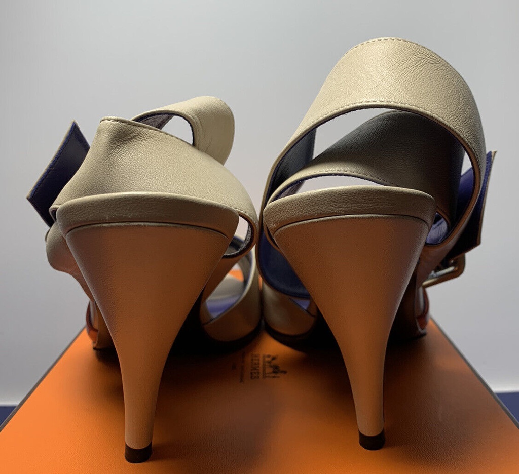 HERMES Semelle Cuir Slingback Loop Heels Shoes Beige Coral Size 37 1/2 #6