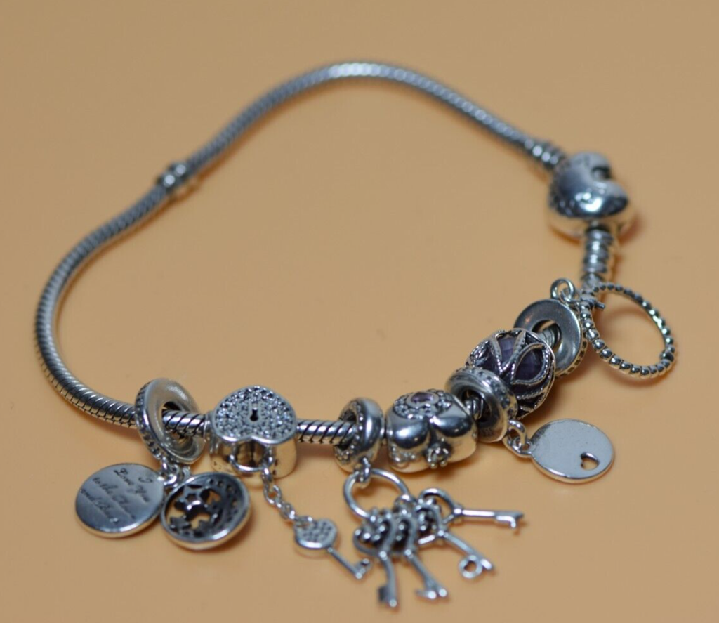 Pandora Bracelet 7.25"  7 Charms Strerling Silver - Love Theme #2