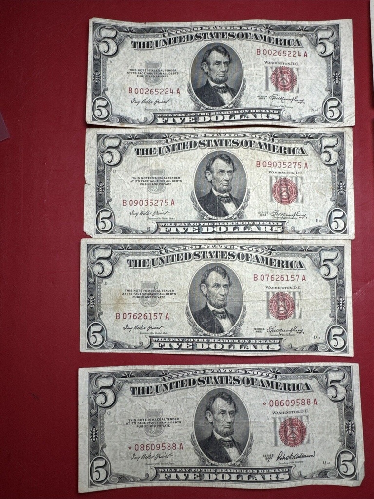 Lot of (8) 1953 1953a 1963 $5 $2 Red Seal Five Dollar Bills Vintage US Lot #1