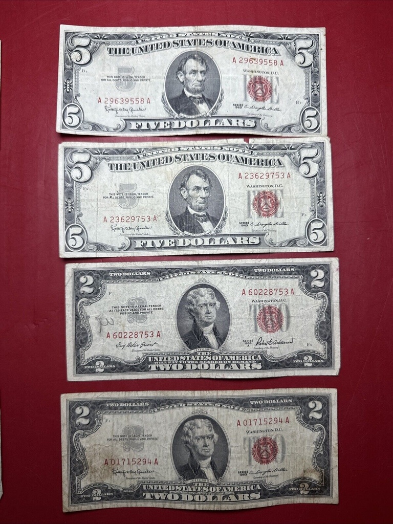 Lot of (8) 1953 1953a 1963 $5 $2 Red Seal Five Dollar Bills Vintage US Lot #2