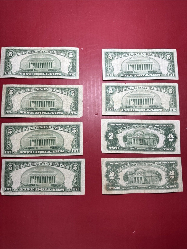 Lot of (8) 1953 1953a 1963 $5 $2 Red Seal Five Dollar Bills Vintage US Lot #3