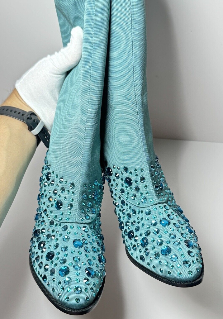 New Gucci Women's Sea Green Jacquard Cowboy Boots with Crystals 631268 3720 #6