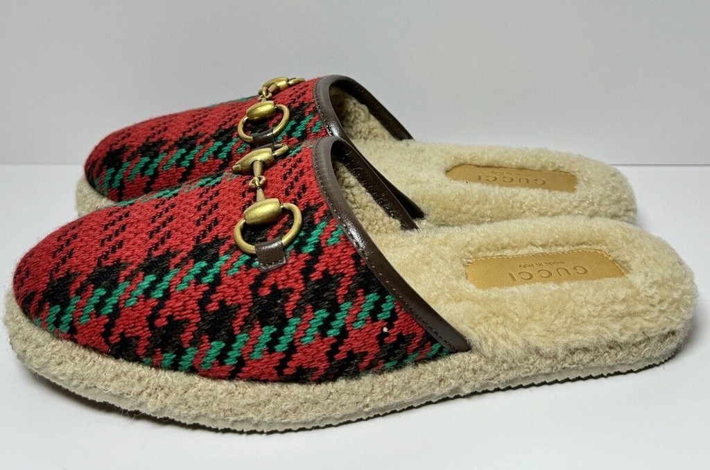 Gucci 'Fria' Houndstooth Gold Horsebit Shearling Lined Mule Slipper sz 36 #2