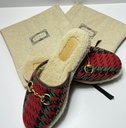 Gucci 'Fria' Houndstooth Gold Horsebit Shearling Lined Mule Slipper sz 36 with delivery