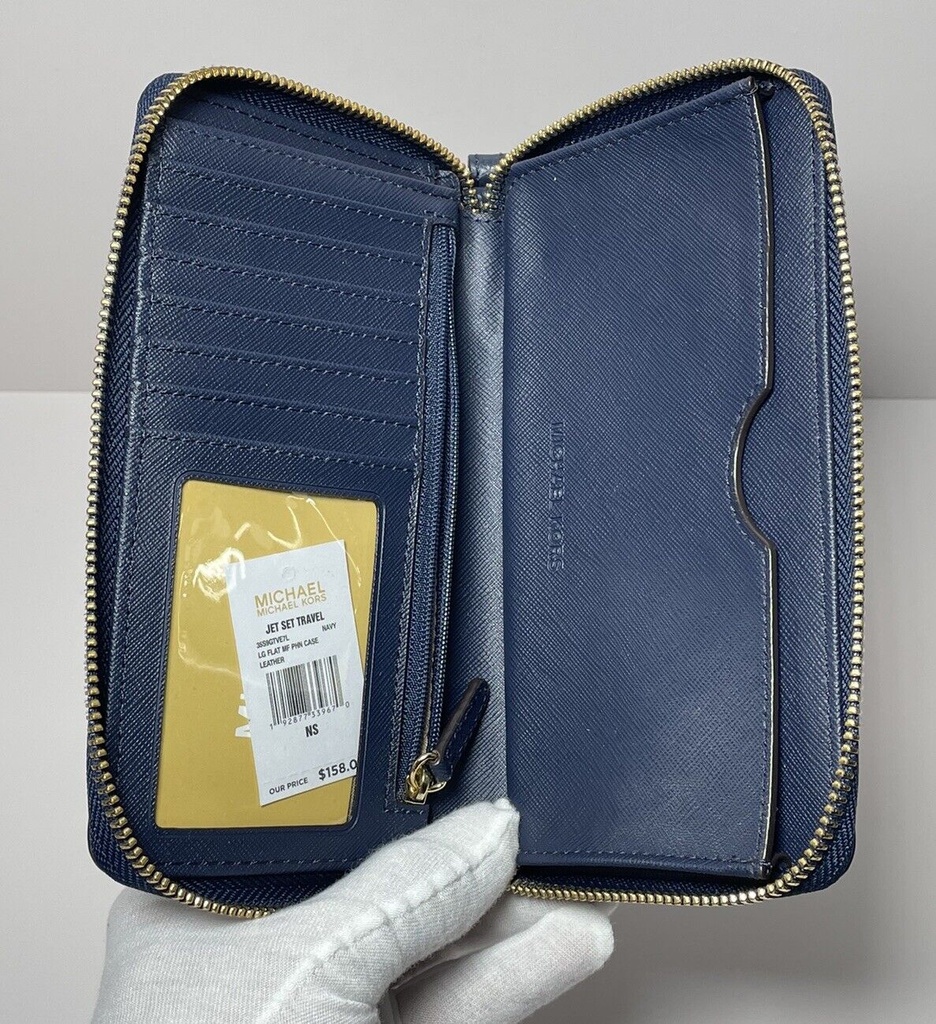 Michael Kors Jet Set Travel Flat Zip  Phone Case Wristlet Wallet Navy Blue #3