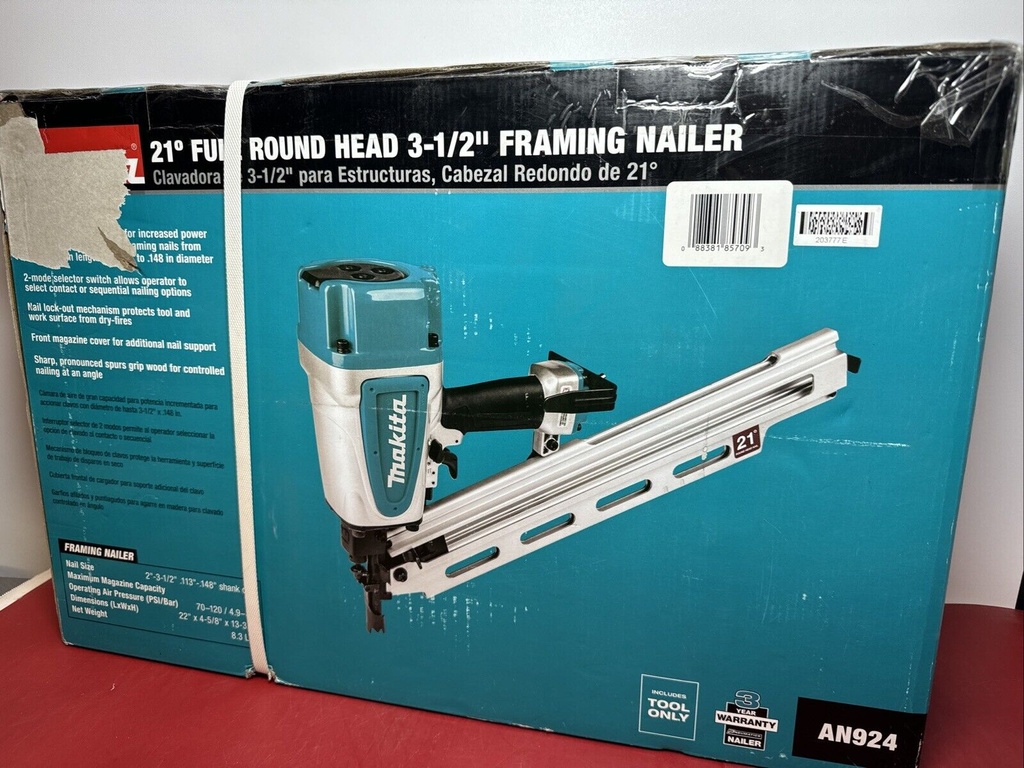 Makita AN924 21º Full Round Head Plastic Collated 3-1/2" Framing Nailer, NEW #2