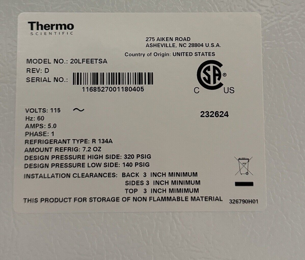 Thermo Fisher Scientific 20LFEETSA 115V, 60Hz,  -20C LAB Freezer #5