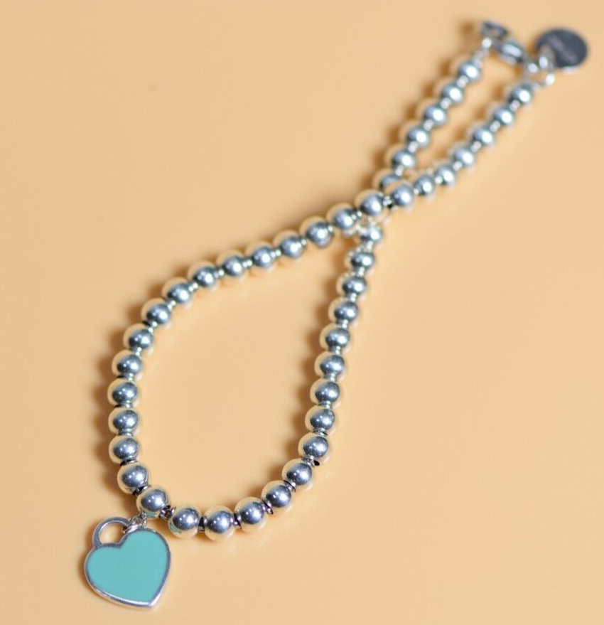 Genuine Tiffany & Co Heart Enamel Blue Charm Sterling Silver bracelet 16cm 6.25" #3