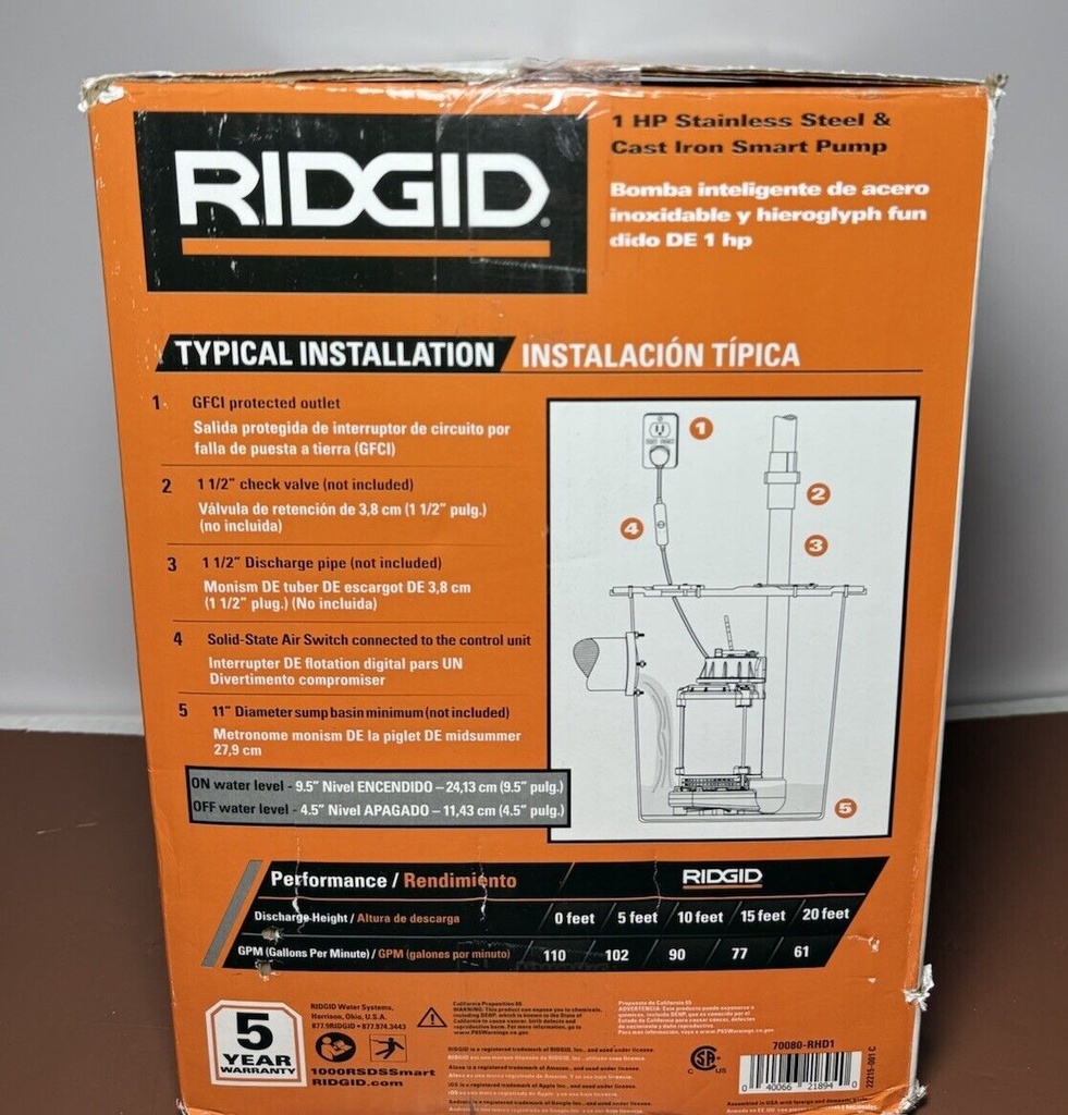 Brand New Sealed - RIDGID 70080-RHD1 Smart 1HP 90GPM Sump Pump 1000RSDSSMart #3