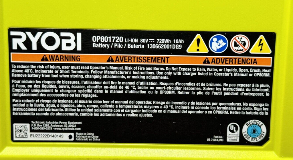 RYOBI 80V 10 Ah Lithium-Ion Mower Battery 10.0 Amp (OP801720) -Open Box/Unused #6