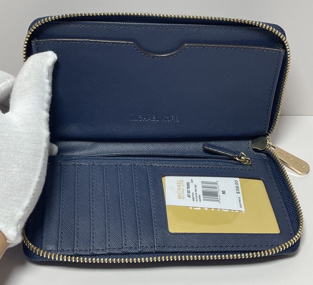 Michael Kors Jet Set Travel Flat Zip  Phone Case Wristlet Wallet Navy Blue #2