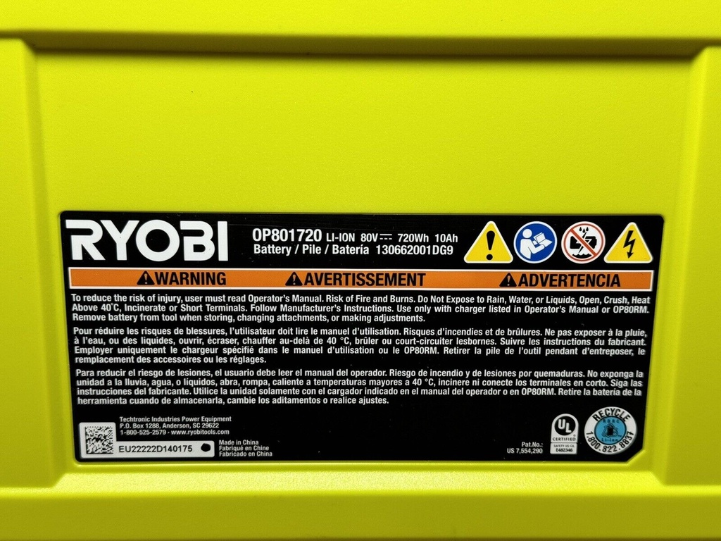 RYOBI 80V 10.0 Ah Battery  (OP801720A) - Open Box/Never Used Handle Defect #4