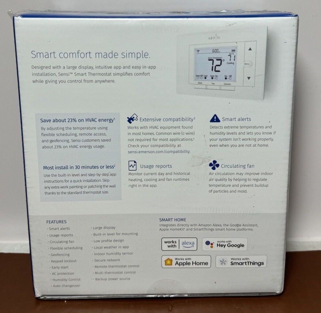 Emerson Sensi Smart Programmable Thermostat - White (ST55) New Tear In Plastic #1