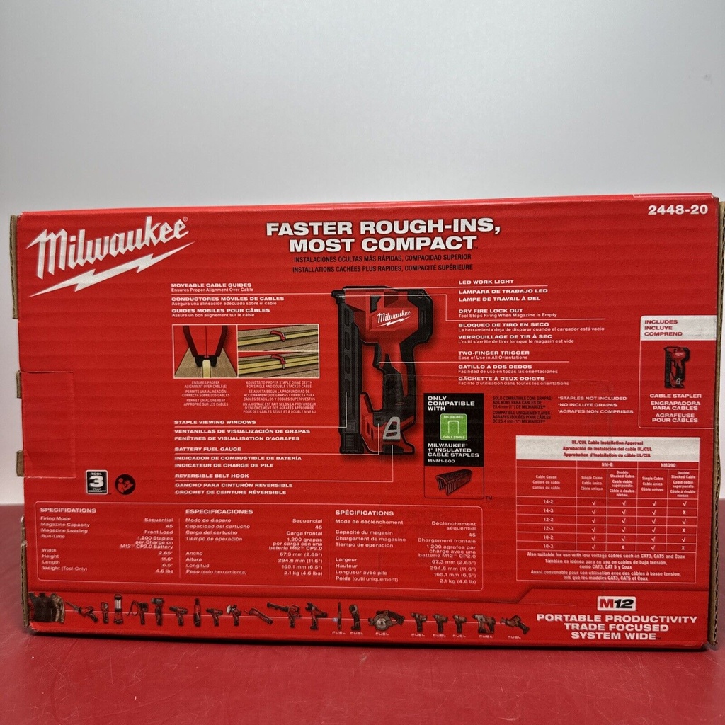 Milwaukee M12 2448-20 12-Volt Lithium-Ion Cordless Cable Stapler (Tool-Only) NEW #1