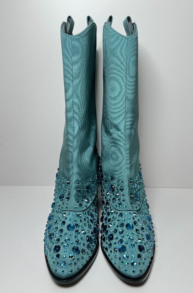 New Gucci Women's Sea Green Jacquard Cowboy Boots with Crystals 631268 3720 #3