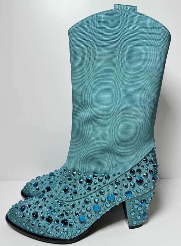 New Gucci Women's Sea Green Jacquard Cowboy Boots with Crystals 631268 3720 #4