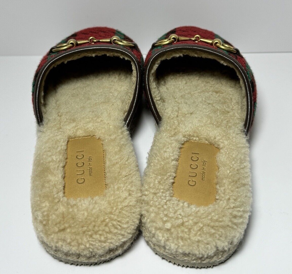 Gucci 'Fria' Houndstooth Gold Horsebit Shearling Lined Mule Slipper sz 36 #3