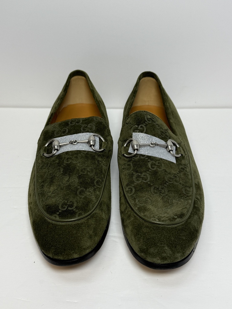 GUCCI Men's Olive Green Jordy Guccissima Suede Loafers Silver Horsebit Size 41 #3