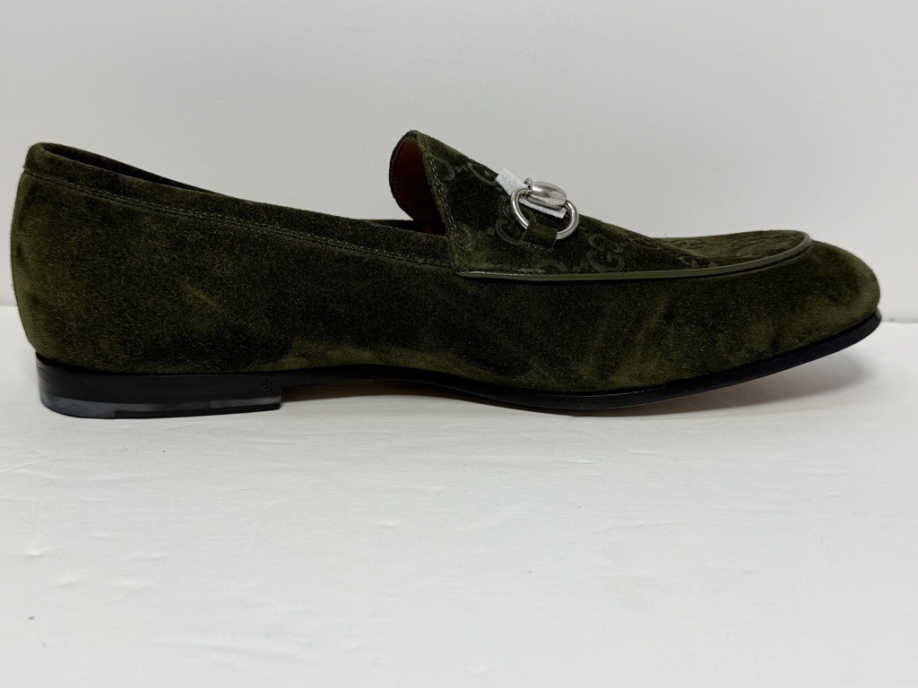 GUCCI Men's Olive Green Jordy Guccissima Suede Loafers Silver Horsebit Size 41 #4
