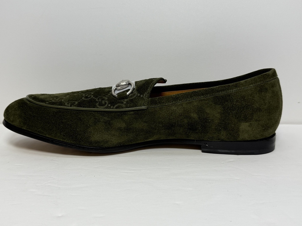 GUCCI Men's Olive Green Jordy Guccissima Suede Loafers Silver Horsebit Size 41 #5