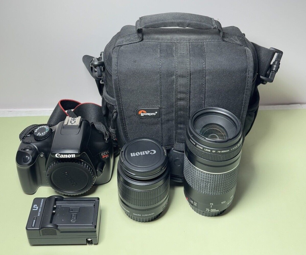 Canon EOS Rebel T3 Camera Lenses EF-S 18-55mm & EF 75-300mm+Batt, charger, bag #11