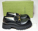 GUCCI 577236 Cordovan Lux Lug Sole Black Gold Horsebit Bee Loafers 39, US 9 buy