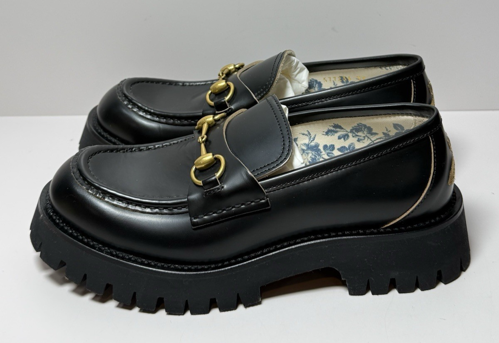 GUCCI 577236 Cordovan Lux Lug Sole Black Gold Horsebit Bee Loafers 39, US 9 #3