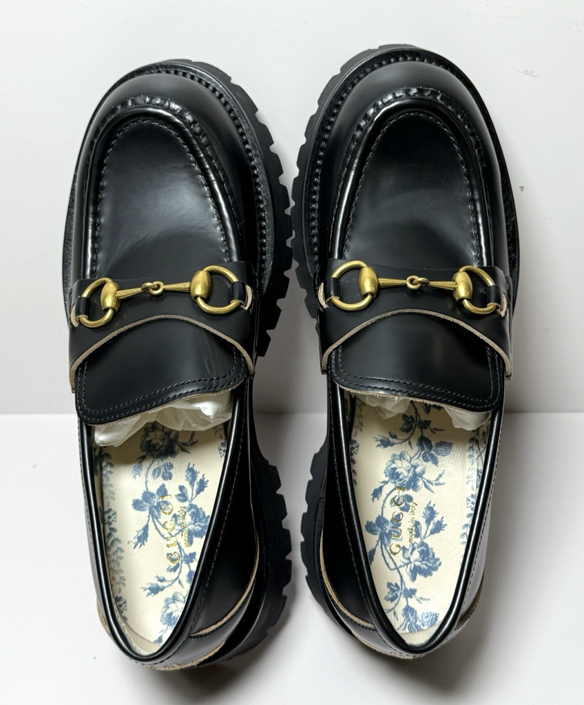 GUCCI 577236 Cordovan Lux Lug Sole Black Gold Horsebit Bee Loafers 39, US 9 #6