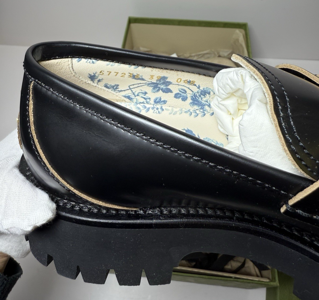 GUCCI 577236 Cordovan Lux Lug Sole Black Gold Horsebit Bee Loafers 39, US 9 #8