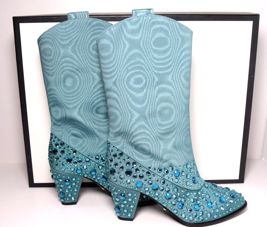 New Gucci Women's Sea Green Jacquard Cowboy Boots with Crystals 631268 3720 #1