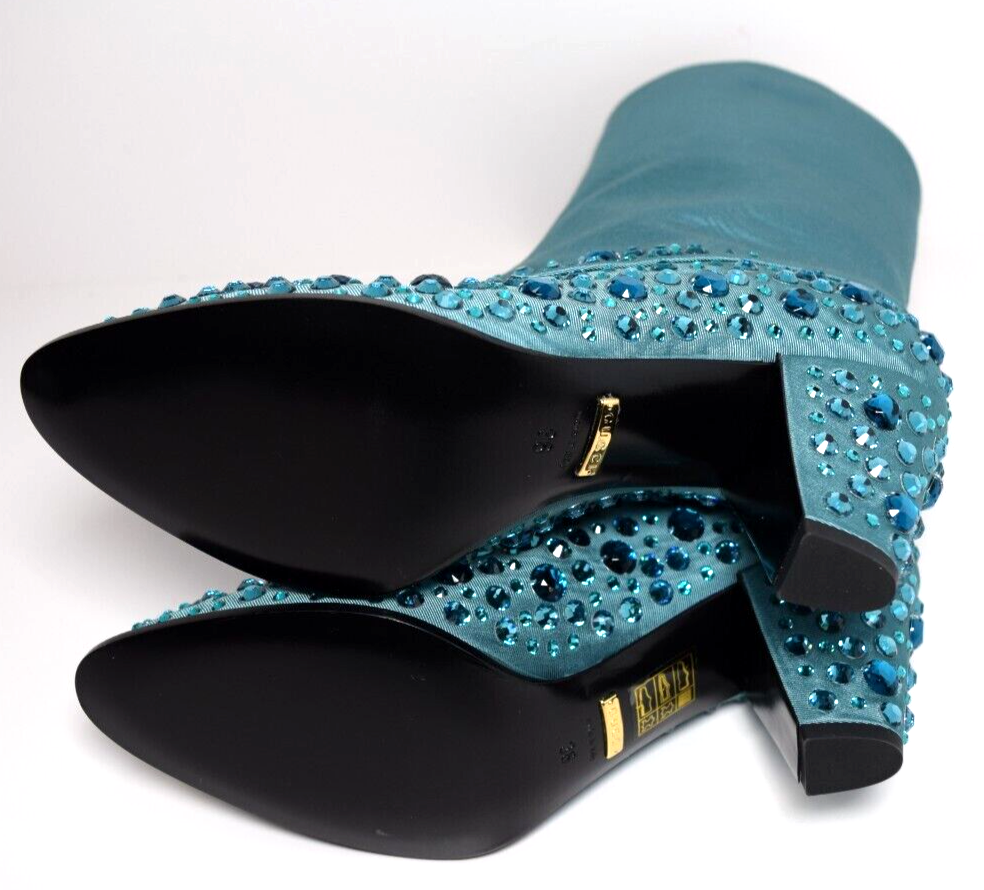 New Gucci Women's Sea Green Jacquard Cowboy Boots with Crystals 631268 3720 #6