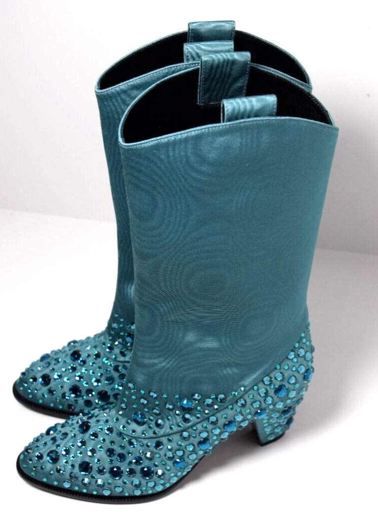 New Gucci Women's Sea Green Jacquard Cowboy Boots with Crystals 631268 3720 #8