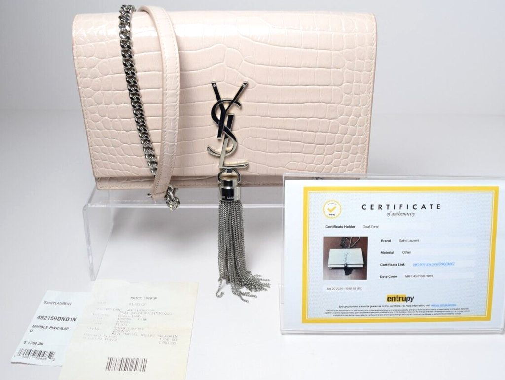 Saint Laurent Classic Monogram Tassel Crossbody Bag Crocodile Embossed Pink #1