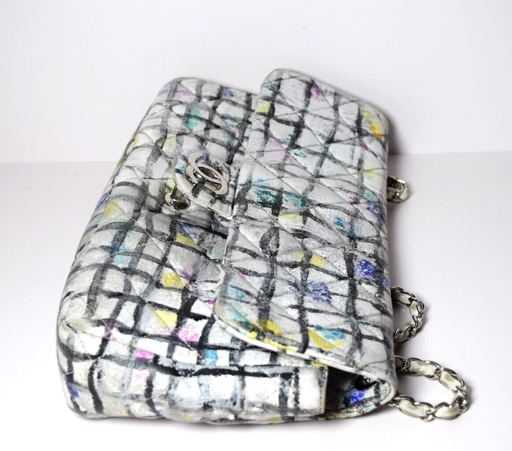 Chanel Classic Flap Bag Hand-Painted Graffiti SS14 White Leather w/ Entrupy COA #4