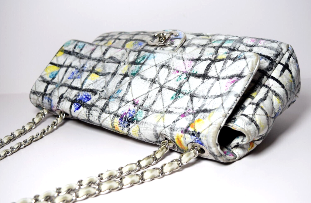 Chanel Classic Flap Bag Hand-Painted Graffiti SS14 White Leather w/ Entrupy COA #6