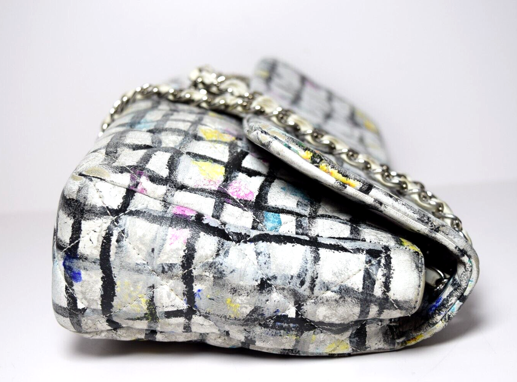 Chanel Classic Flap Bag Hand-Painted Graffiti SS14 White Leather w/ Entrupy COA #7