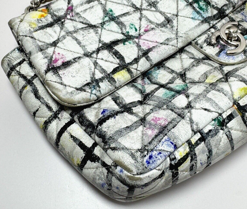 Chanel Classic Flap Bag Hand-Painted Graffiti SS14 White Leather w/ Entrupy COA #12