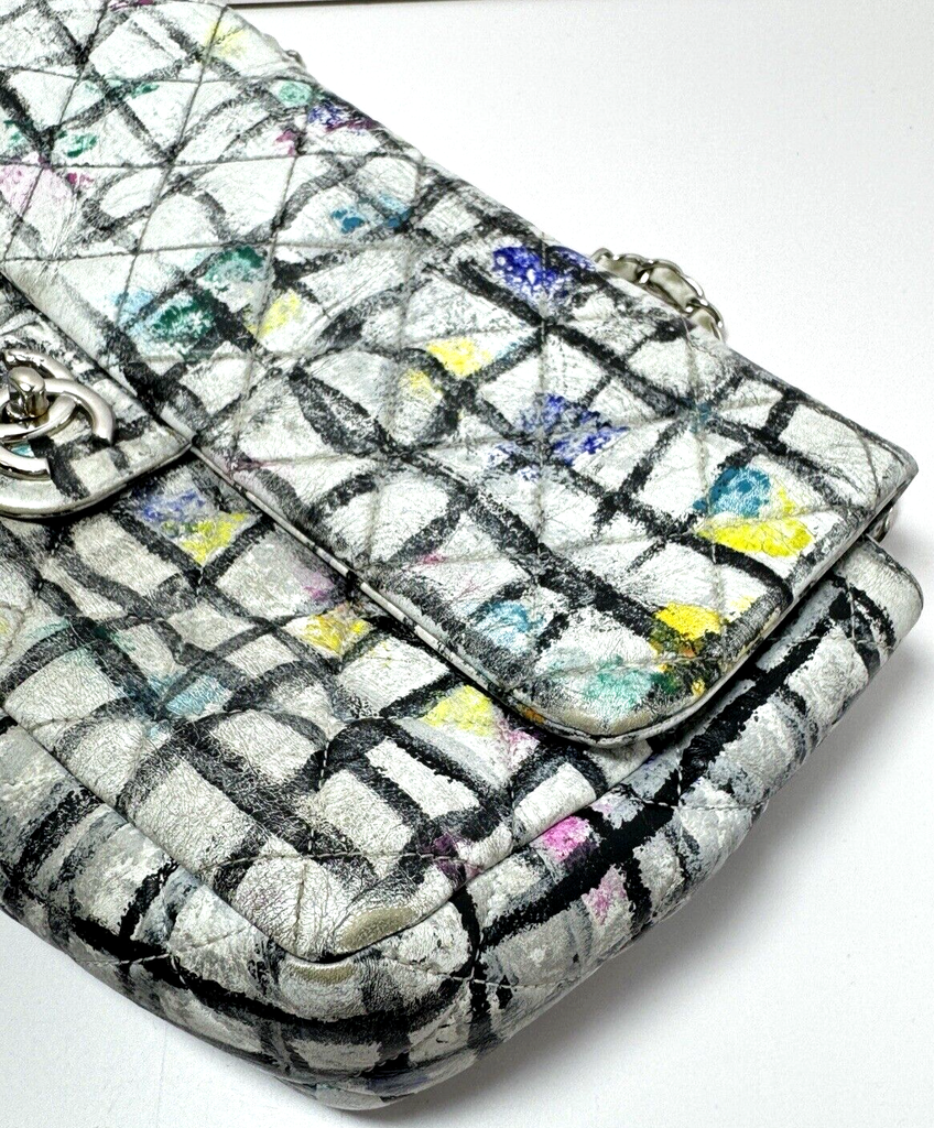 Chanel Classic Flap Bag Hand-Painted Graffiti SS14 White Leather w/ Entrupy COA #13