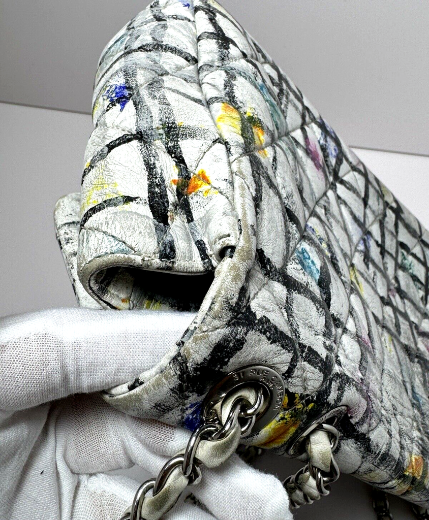 Chanel Classic Flap Bag Hand-Painted Graffiti SS14 White Leather w/ Entrupy COA #14