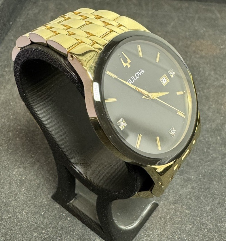 Bulova Men's Watch 97D116 Diamond Accent Black Dial Date Gold Steel Quartz 42mm #2