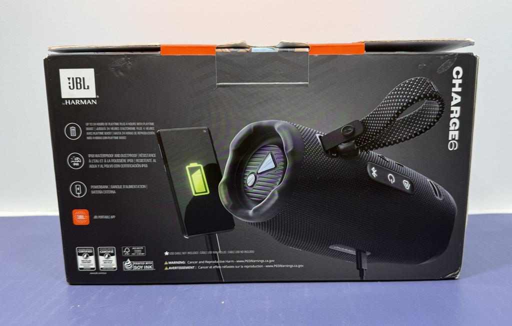 JBL Charge 6 Black Portable Bluetooth Speaker - Complete in Box Preowned #1