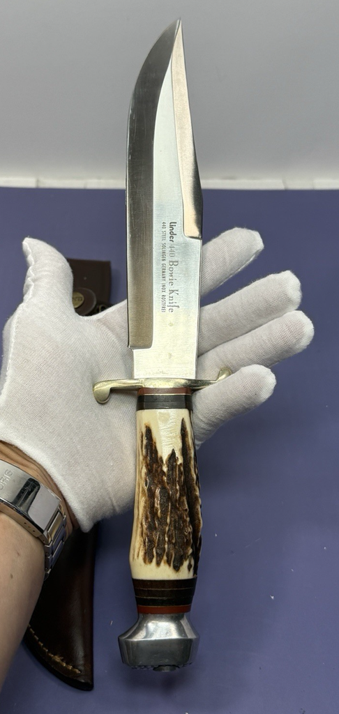 Linder 440 Bowie Knife Fixed Blade Solingen Germany Inox Rostfrei Stag + Sheath #1