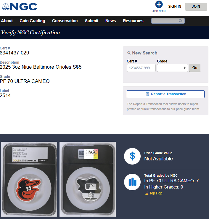 2025 Niue 3 oz Silver $5 MLB Baltimore Orioles Team Logo NGC Graded PF70 #3