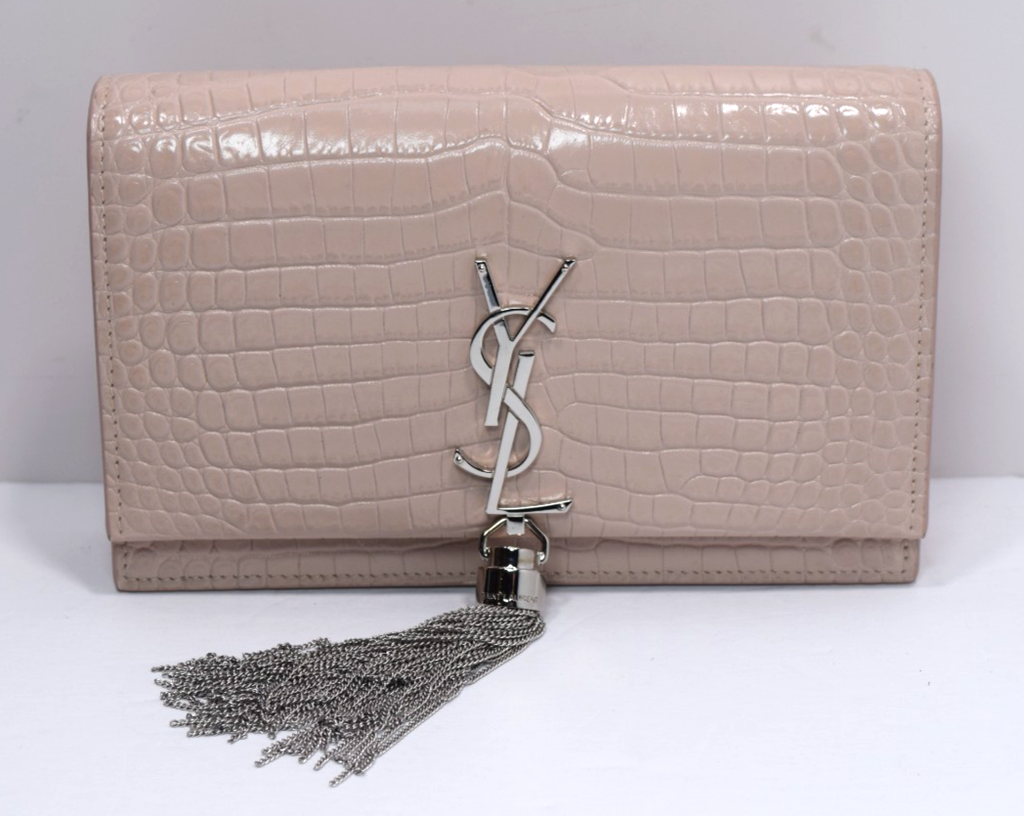 Saint Laurent Classic Monogram Tassel Crossbody Bag Crocodile Embossed Pink #1