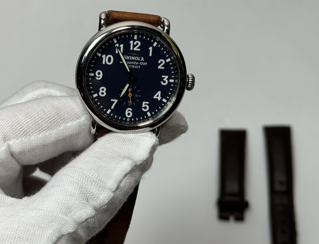 Shinola The Runwell 41mm Silver Steel Case Blue Dial Brown Leather Band #7
