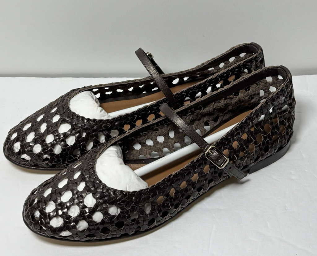 Margaux Woven Demi Jane Leather Flats Espresso Brown 39 (US 8.5-9) w/ Box #3